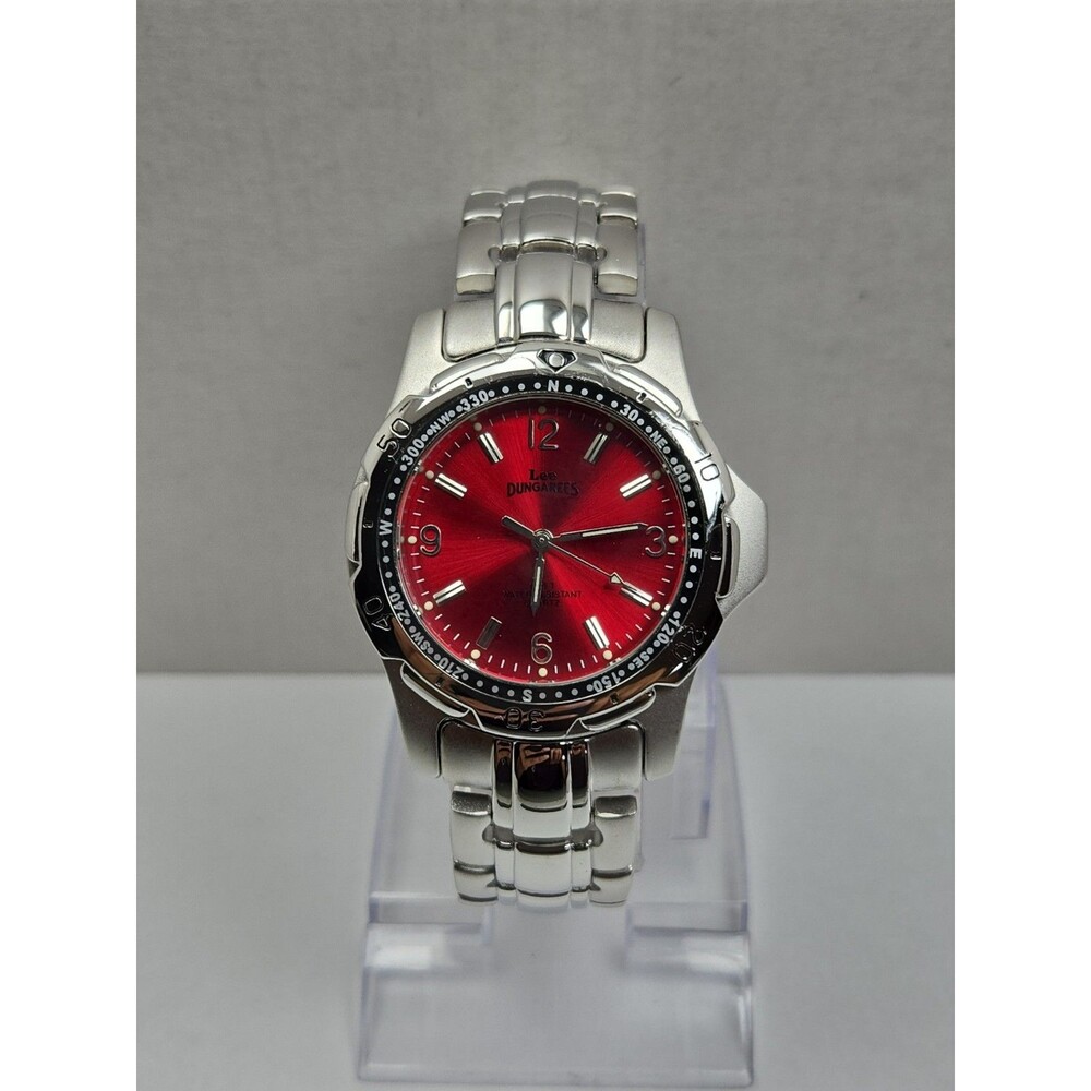 Vintage Lee Dungarees Mens Red Dial Compass Style Metal Bracelet Y2K New Battery